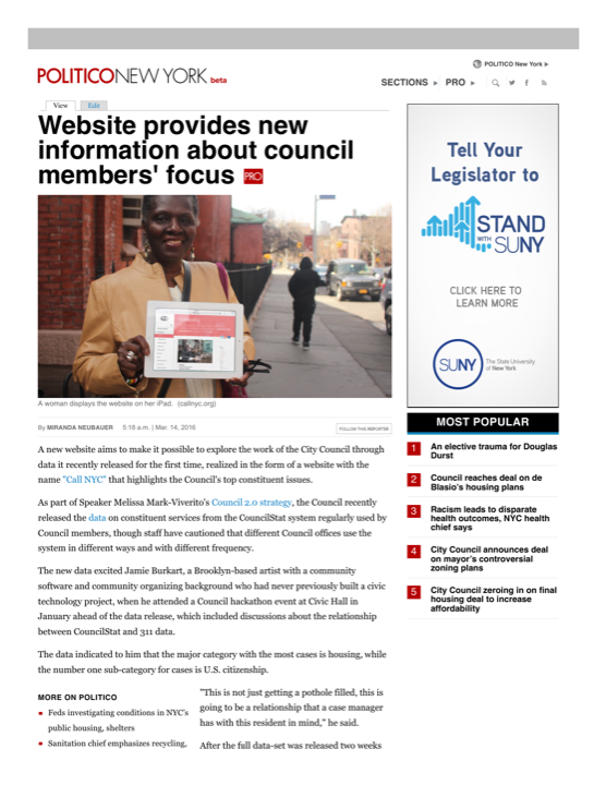 First page of the March 14, 2016 Politico New York article about CallNYC